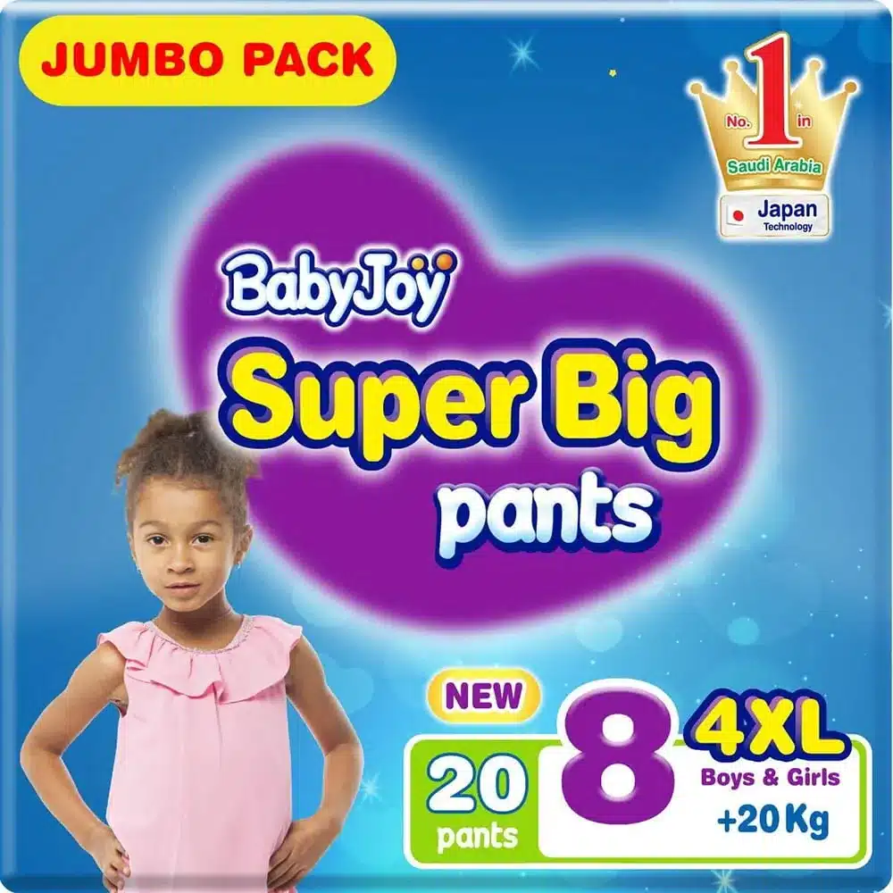 BABYJOY-BABY-DIAPERS-PANTS-JUBMO-4XL-8-203-C.webp بيبي جوى كلوت مقاس 8 حجم كبير سوبر - 20 قطعة - الصورة 1