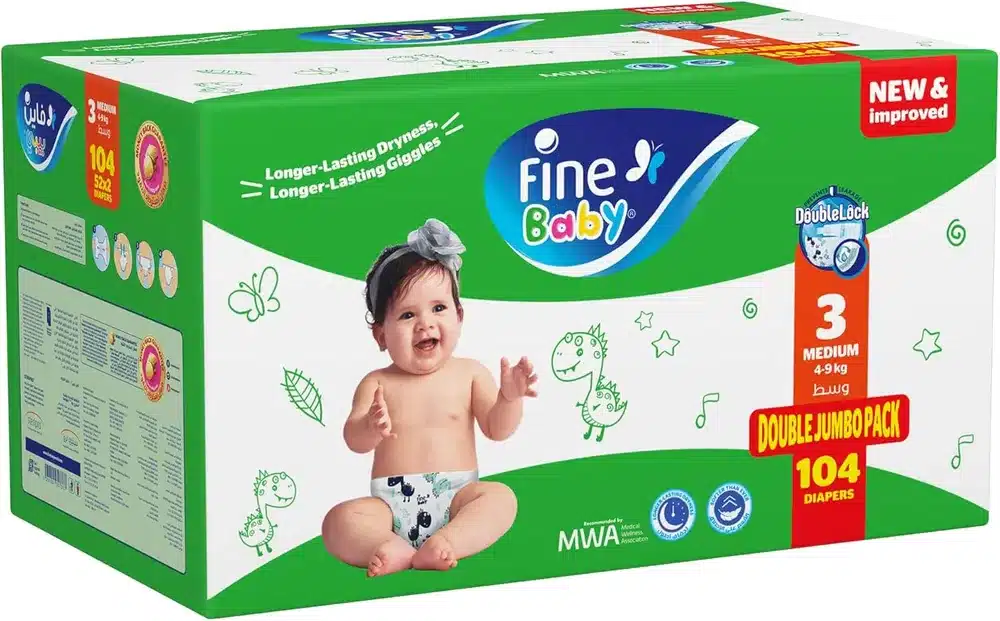 FINE-BABY-DIAPER-JUMBO-PACK-CARTON-3-104-DP.webp فاين بيبي حفاضات جامبو بوكس (3) 104 حفاضة - الصورة 1