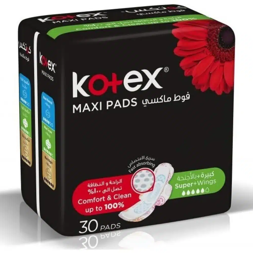 KOTEX-FEMALE-NAPKINS-MAXI-WITH-WINGS-SUPER-306-C.webp كوتكس حفاضات نسائية ماكسي بالاجنحة كبير 30 فوطة - الصورة 1