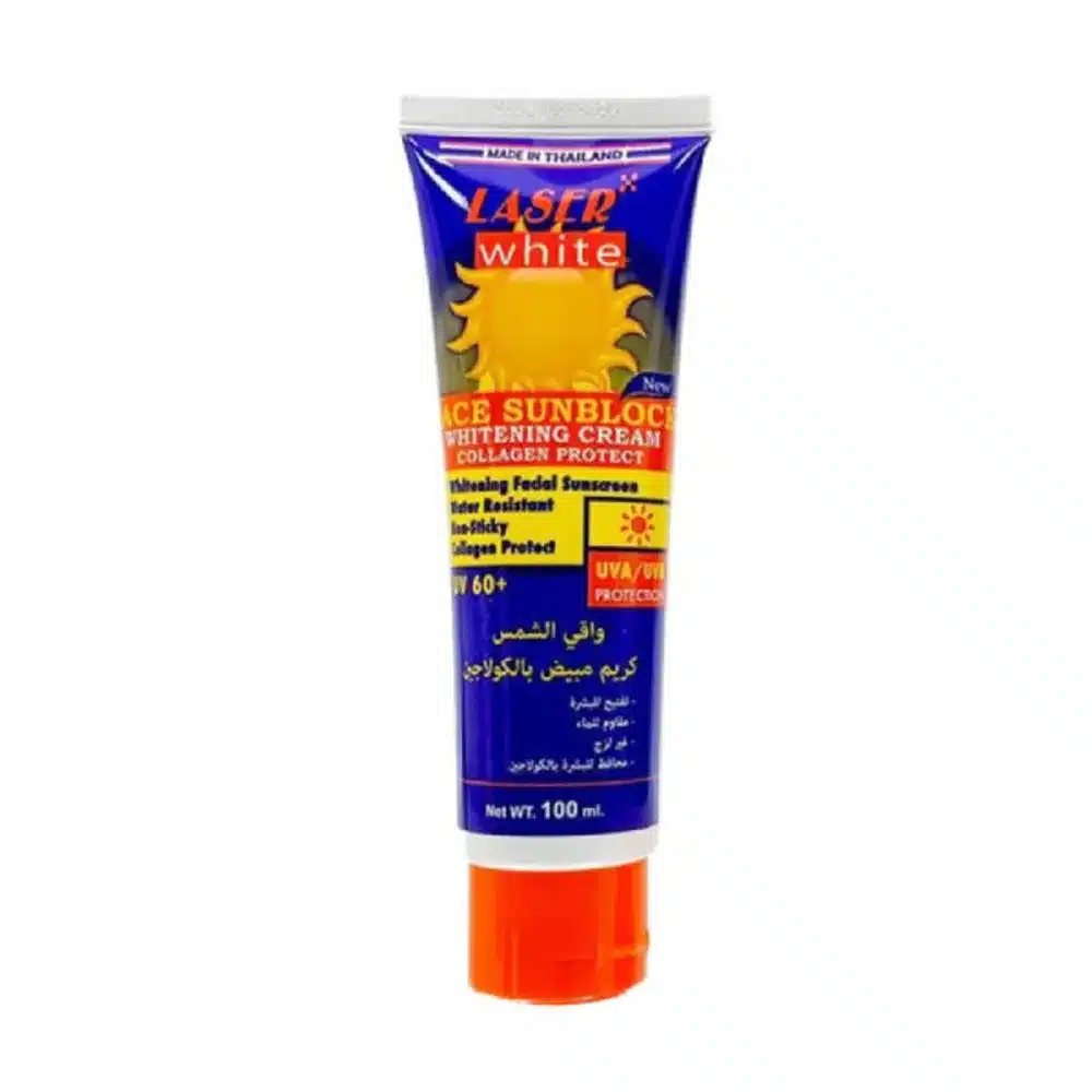 LASER-WHITE-FACE-SUNBLOCK-BLUE-50-100ML.webp ليزر وايت كريم واقي شمس ازرق 50+ 100مل - الصورة 1