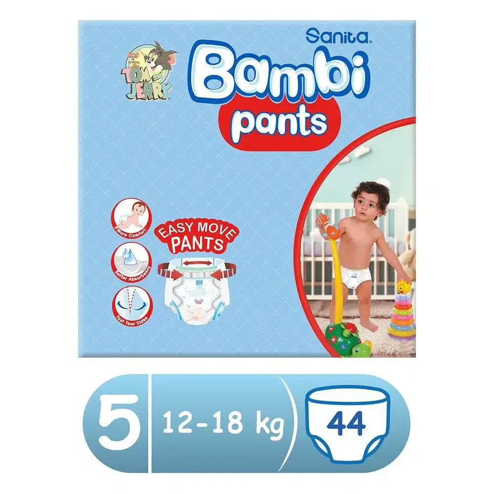 SANITA-BAMBI-BABY-DIAPER-PANTS-5XL-12-18KG-443C.webp سانيتا بامبي حفاضات اطفال كلوت كبير جدا (5) 12-18 كجم 44 كلوت - الصورة 1