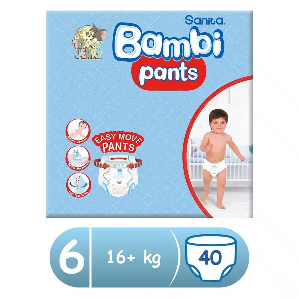 SANITA-BAMBI-BABY-DIAPER-PANTS-62XL-16-KG403-C.webp سانيتا بامبي حفاضات اطفال كلوت كبير جامبو كبير جدا (6) 16+كجم 40 كلوت - الصورة 1