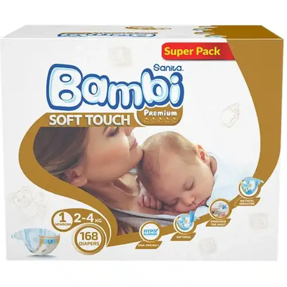 SANITA-BAMBI-BABY-DIAPERNEW-BORN-1-168-P-BOX.webp سانيتا بامبي صندوق عملاق مقاس 1 مولود جديد – 168 حفاض - الصورة 1