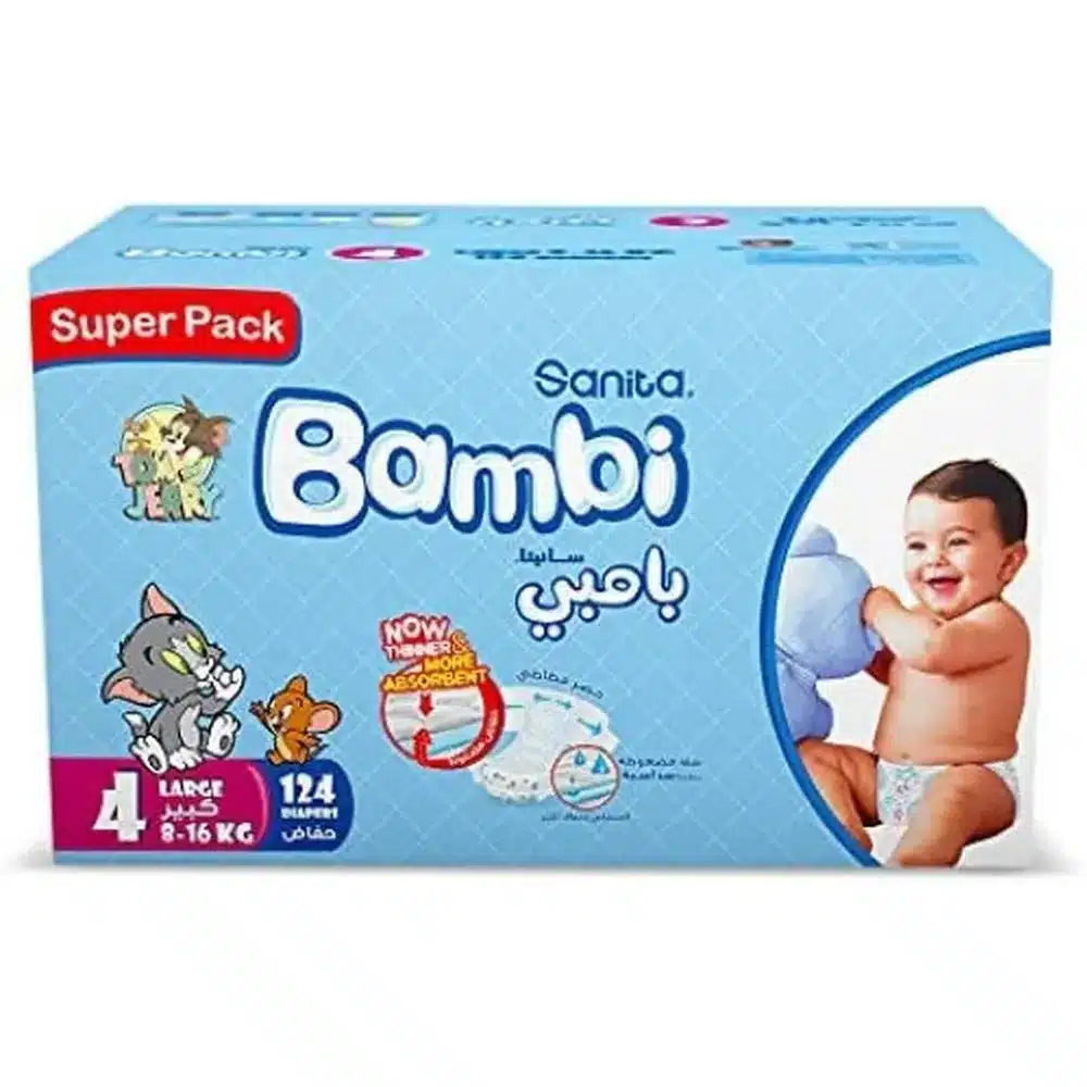 SANITA-BAMBY-BABY-DIAPERS-BOX-SUPER-4-124-P.webp سانيتا بامبي صندوق عملاق، مقاس 4 كبير - 124 حفاض - الصورة 1