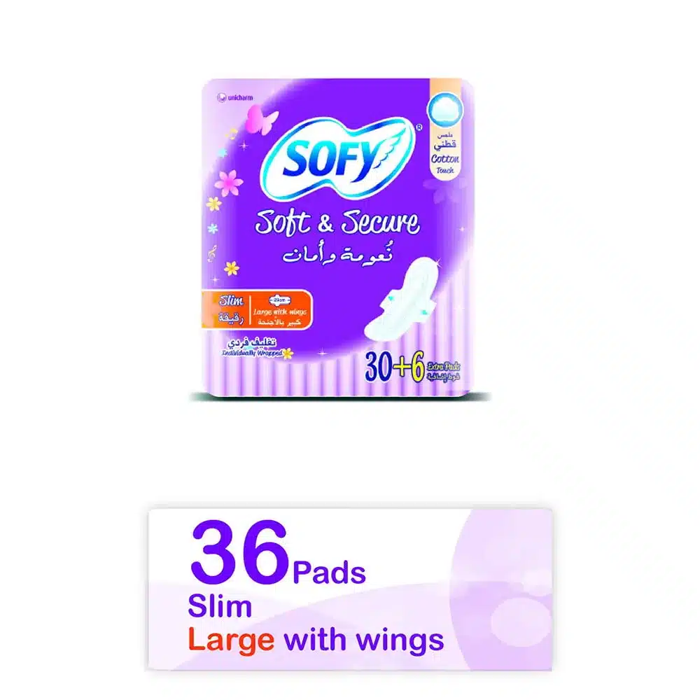 SOFY-FEMININE-NAPKINE-SOFT-SECURE-SLIM-COMPRESSED-LARGE-36-3066C-52322.webp سوفي حفاضات نسائية نعومة وامان رقيقه كبير 30+6 فوطة - الصورة 1